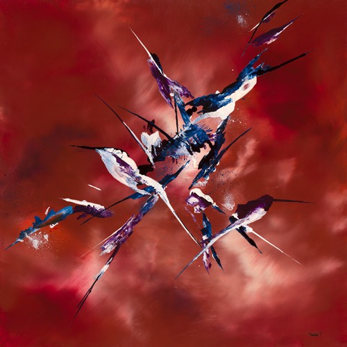 Maria FIEL, Sur un arbre perch (Abstrakt, Abstrakte Malerei, explosiv, dynamisch, Farbspritzer, Wunschgröße, Modern, Wohnzimmer, Büro, Treppenhaus, rot/bunt)