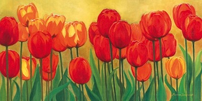Marianne Bernhardt, Frühlingsgarten (Natur, Blumen, Blumenwiese, Tulpen, Frühling, Malerei, Wohnzimmer, Treppenhaus, Wunschgröße, bunt)