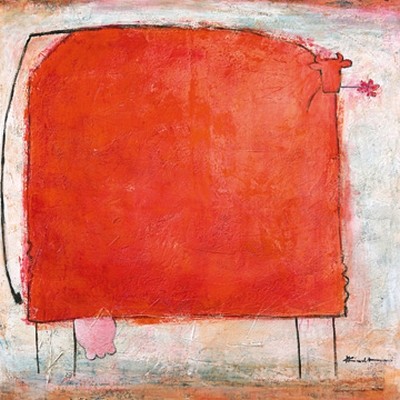 Marianne Kindt, Kuh Muh-Muh (Kuh, abstrahiert, modern, Malerei, Wunschgröße, Treppenhaus, Wohnzimmer, Esszimmer, orange / grau)