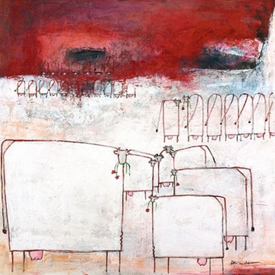 Marianne Kindt, Lunch (Kühe, abstrahiert, modern, Malerei, Wunschgröße, Treppenhaus, Wohnzimmer, Esszimmer, rot / grau)