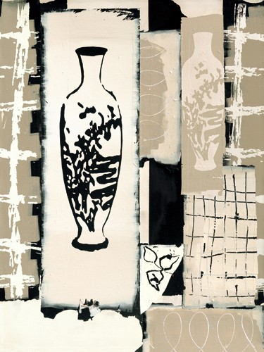 Marie Madeleine Noiseux, Chinoiserie (Vase, abstrakte Muster, modern, zeitgenössisch, Grafik, Treppenhaus, Wohnzimmer, Wunschgröße, beige/schwarz)