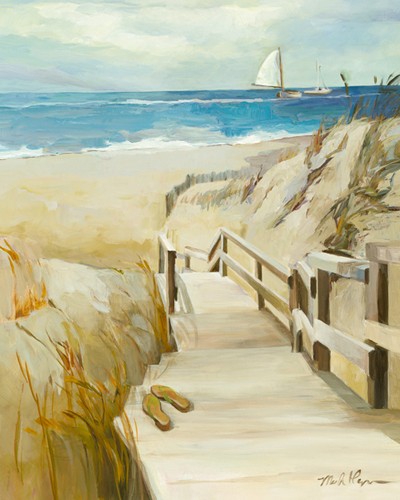 Marilyn Hageman, Coastal Escape (Wunschgröße, Modern, Malerei, Landschaften, Dünen, Meer, Strand, Meeresbrise, Segelboot, Steg, Urlaub, Wellness, Badezimmer, bunt)