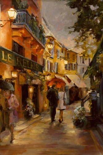 Marilyn Hageman, Evening in Paris (Wunschgröße, Modern, Malerei, Nostalgie, Häuser, Paris, Gasse, Architektur, Alststadt, Abendstimmung, Spaziergang, Regen, Regenschirm, Restaurant, Gastronomie, Wohnzimmer, Esszimmer, Bistro, bunt)