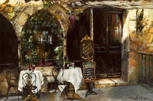 Marilyn Hageman, Meeting at the Cafe (Wunschgröße, Modern, Malerei, Nostalgie, Häuser, Paris, Hausansicht, Speisekarte, Cafe, Restaurant, Gastronomie, Wohnzimmer, Esszimmer, bunt)