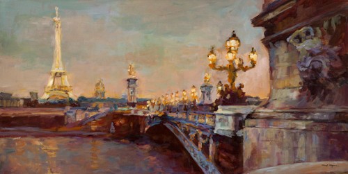 Marilyn Hageman, Parisian Evening Crop (Wunschgröße, Malerei, Modern, Nostalgie, Panorama, Paris, Metropole, Brücke, Fluss, Seine, Eiffelturm, Abendstimmung, Beleuchtung, Wohnzimmer, bunt)