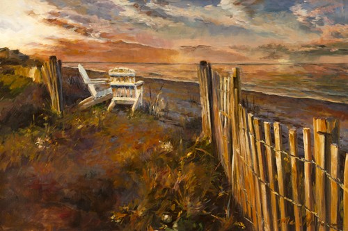 Marilyn Hageman, The Beach at Sunset (Wunschgröße, Malerei, Modern, Landschaften, Dünen, Meer, Strand, Meeresbrise, Zaun, Liegestuhl, Urlaub, Abendhimmel, Sonnenuntergang, Schlafzimmer, Wintergarten, bunt)