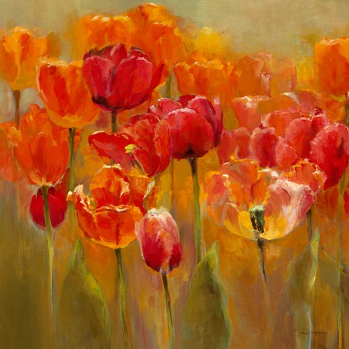 Marilyn Hageman, Tulips in the Midst III (Wunschgröße, Modern, Malerei, Blumen, Blüten, Tulpen,  Wohnzimmer, Esszimmer, Wintergarten, gelb - rot,)