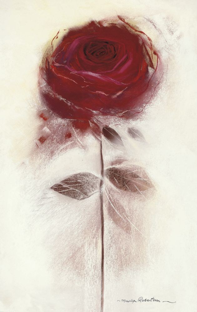 Marilyn Robertson, Burgundy II (Malerei, Rose, Blume, Blüte, Liebe, Symbol, dekorativ, Schlafzimmer, Treppenhaus, Wohnzimmer, rot / grau)