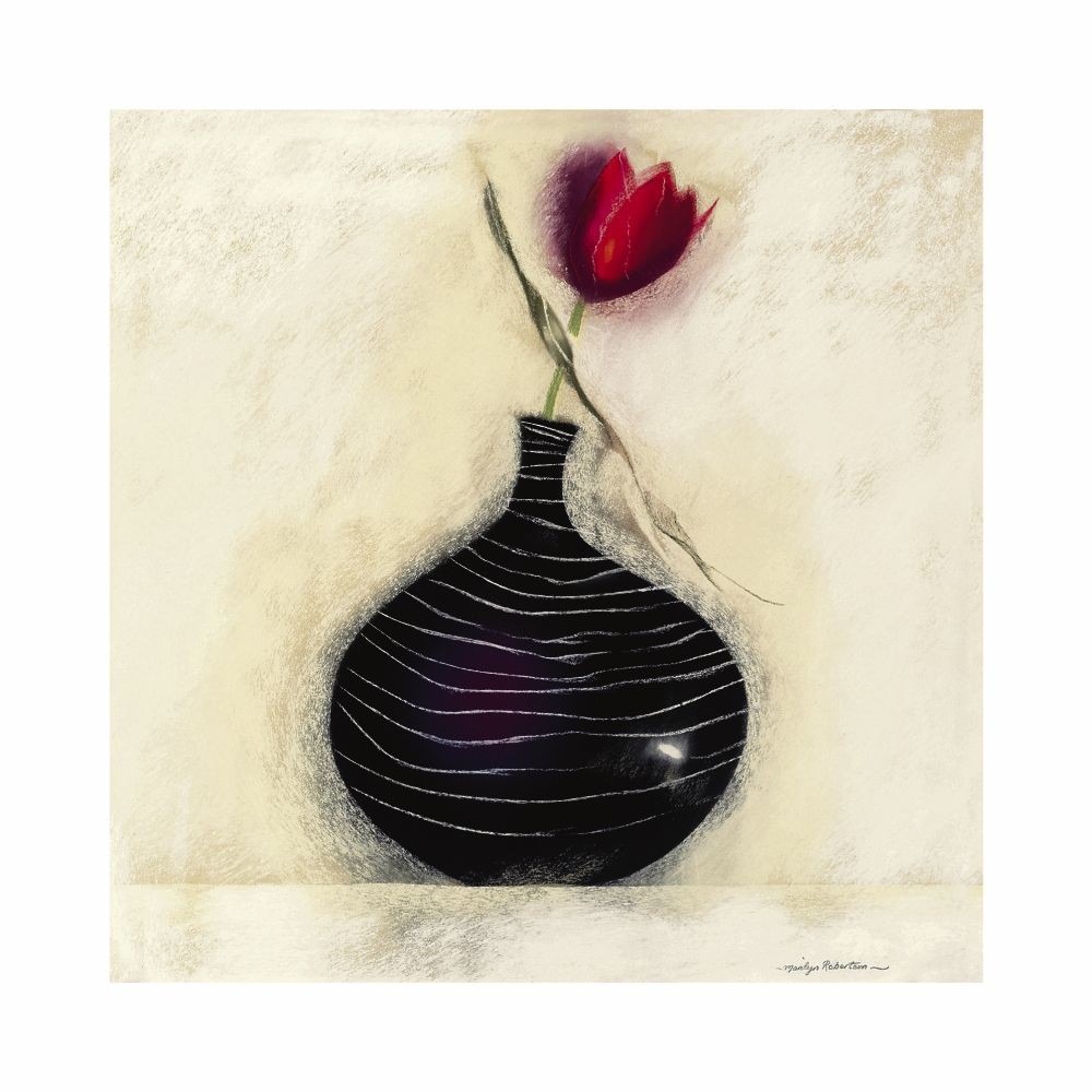 Marilyn Robertson, Tulip In Black Vase I (Malerei, Stillleben,Tulpe, Blume, Blüte, Vase, dekorativ, Schlafzimmer, Treppenhaus, Wohnzimmer, bunt)
