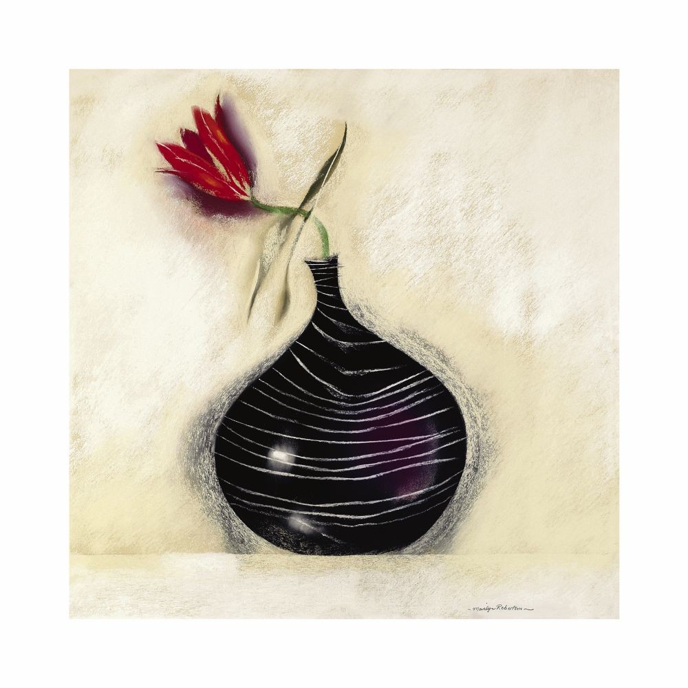 Marilyn Robertson, Tulip In Black Vase II (Malerei, Stillleben,Tulpe, Blume, Blüte, Vase, dekorativ, Schlafzimmer, Treppenhaus, Wohnzimmer, bunt)