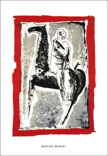 Marino MARINI, Cavalière, 1955 (Büttenpapier) (Mann, Pferd, Reiter, modern, figurativ, Abstrahiert, Grafik, Wohnzimmer, Treppenhaus, bunt)