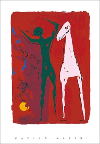 Marino MARINI, Piccolo teatro, 1972 (Büttenpapier) (Mann, Pferd, modern, figurativ, Abstrahiert, Grafik, Wohnzimmer, Treppenhaus, bunt)