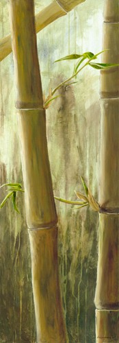 Maritta Haggenmacher, Rainforest III (Wunschgröße, Malerei, modern, Regenwald, Bambus, Bambusrohr, Pflanze, Süßgräser, Dunst, Nebel, Feuchtigkeit, Natur, Badezimmer, Treppenhaus, grün / grau)