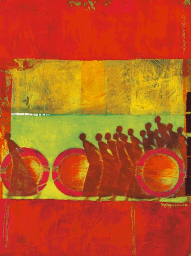 Marjolijn van Ginkel, Between Light and Dark (Wunschgröße, Malerei, Moderne, Dekorativ, Figurativ, Menschen, Personen, Abstrakt, Farbfelder, Muster, Kreise,  Wohnzimmer, Büro, bunt)