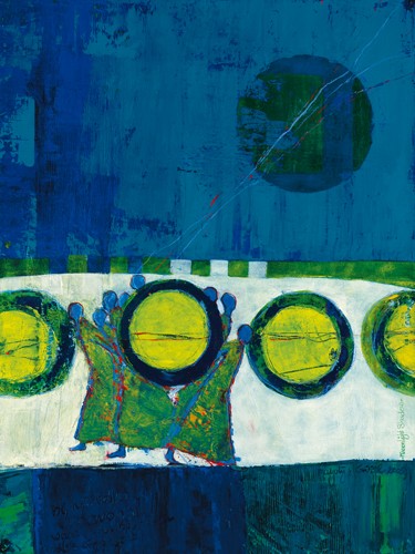 Marjolijn van Ginkel, Moonlight Shadow (Wunschgröße, Malerei, Moderne, Dekorativ, Figurativ, Menschen, Personen, Abstrakt, Farbfelder, Muster, Kreise,  Wohnzimmer, Büro, bunt)