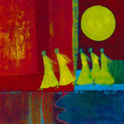Marjolijn van Ginkel, Red Carpet II (Wunschgröße, Malerei, Moderne, Dekorativ, Figurativ, Menschen, Personen, Abstrakt, Farbfelder, Muster, Kreis, Streifen, roter Teppich, Wohnzimmer, Büro, bunt)