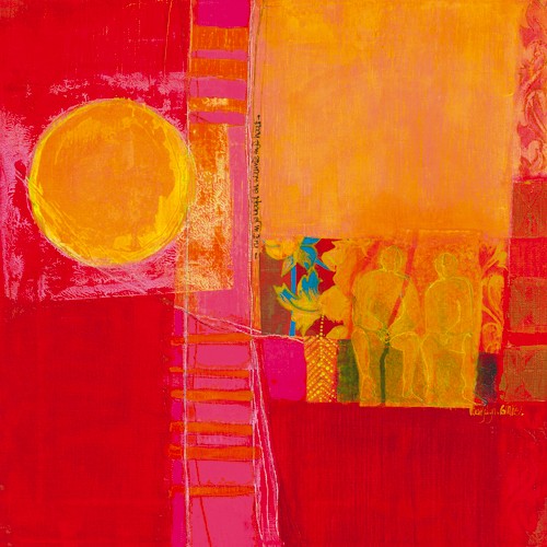Marjolijn van Ginkel, Warmte in je hart (Wunschgröße, Malerei, Moderne, Dekorativ, Figurativ, Menschen, Personen, Sonne, Wärme, Abstrakt, Farbfelder,  Muster, Kreise, Streifen,  Wohnzimmer, Büro, rot / orange)