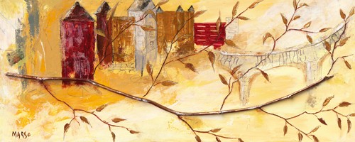 Marso, Les feuilles dOr (Moderne Malerei, Ast, goldene Blätter, Häuser, abstrakter Hintergrund, dekorativ, Wohnzimmer, Esszimmer, Treppenhaus, Wunschgröße, bunt)