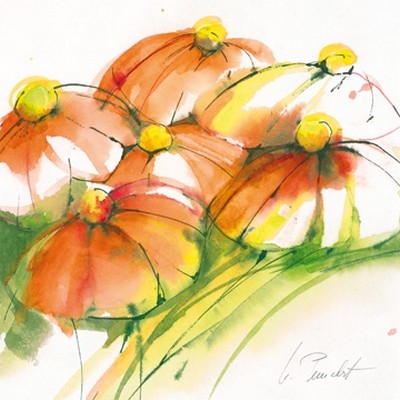 Marta Peuckert, Kamille (Blumen, Blüten, Kamille, Pflanzen, abstrahiert, modern, Aquarell, Wunschgröße, Wohnzimmer, Treppenhaus, bunt)