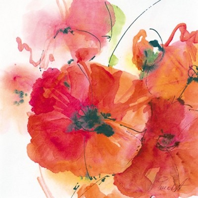 Marta Peuckert, Mohnblte in Gesellschaft (Blumen, Blüten, Mohnblumen, Pflanzen, abstrahiert, modern, Aquarell, Wunschgröße, Wohnzimmer, Treppenhaus, bunt)