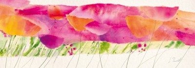 Marta Peuckert, Poppy ribbon pink (Blumen, Blüten, Mohnblumen, Blumenwiese, Pflanzen, abstrahiert, modern, Aquarell, Wunschgröße, Wohnzimmer, Treppenhaus, bunt)