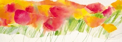 Marta Peuckert, Poppy ribbon yellow (Blumen, Blüten, Mohnblumen, Blumenwiese, Pflanzen, abstrahiert, modern, Aquarell, Wunschgröße, Wohnzimmer, Treppenhaus, bunt)