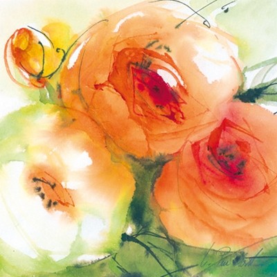 Marta Peuckert, Ranunkeln (Blumen, Blüten, Ranunkeln,   Pflanzen, abstrahiert, modern, Aquarell, Wunschgröße, Wohnzimmer, Treppenhaus, bunt)