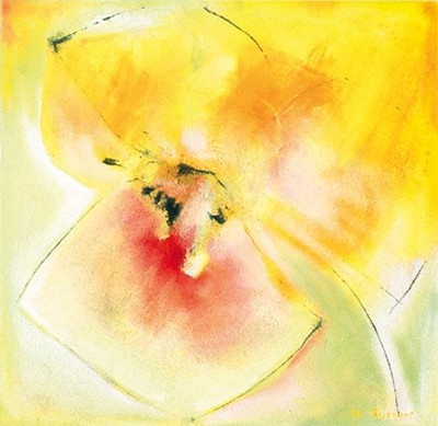 Marta Peuckert, Yellow Bloom (Blumen, Blüten, Pflanzen, abstrahiert, modern, Aquarell, Wohnzimmer, Treppenhaus, Wunschgröße, gelb)