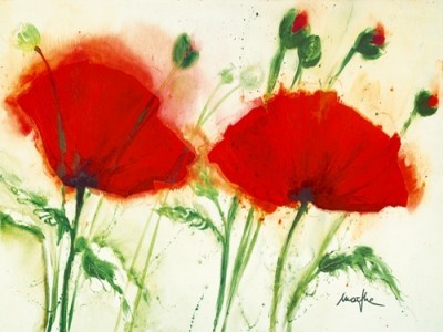 Marthe, Coquelicots au vent II (Mohn, Blumen, Mohnblüte, Malerei, Aquarell,  Wohnzimmer, Treppenhaus,  Esszimmer, zeitgenössisch, bunt)