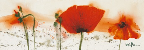 Marthe, Coquelicots au vent IV (Blumen, Mohn, Mohnblüte, Malerei, Aquarell, Wohnzimmer, Treppenhaus,  Esszimmer, zeitgenössisch, Wunschgröße, bunt)
