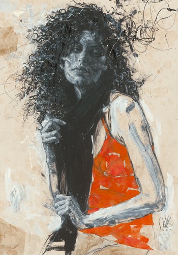 Massimiliano Longo, Remembering II (Frau, Mädchen, Locken, Gesicht, Trägershirt, Top, Portrait, Zeichnung, Skizze, Wunschgröße, Treppenhaus, Schlafzimmer, Wohnzimmer, bunt)