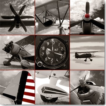 Matt McCarthy, Aircraft Montage (Wunschgröße, Fotografie, Montage, Flugzeuge, Propeller, Doppeldecker, Nostalgie, Fliegen, Treppenhaus, Büro, schwarz / weiß, rot)