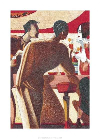 Lorenzo Mattotti, Aperol Bar (Bar, Theke, Tresen, Gäste, mondän, Aperol, Figurativ, konstruktivistisch, modern, Gastronomie, Esszimmer, Wohnzimmer,Grafik, bunt)