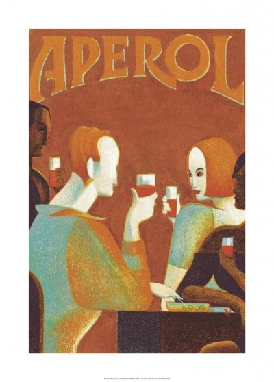 Lorenzo Mattotti, Salute Aperol (Plakatkunst, Bar, Gäste, mondän, Aperol, Figurativ, konstruktivistisch, modern, Gastronomie, Esszimmer, Wohnzimmer,Grafik, bunt)