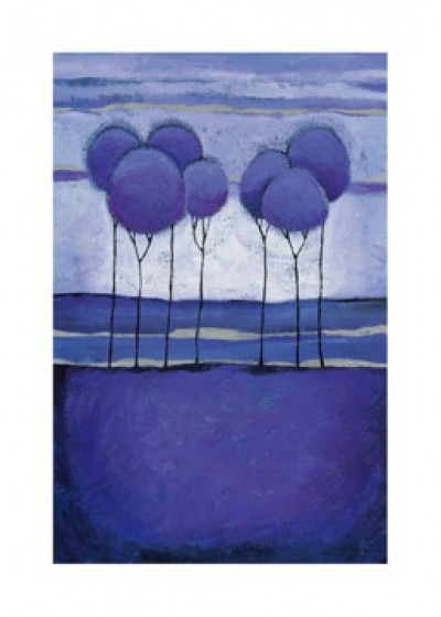 Kate Mawdsley, Dusky Landscape III (Landschaften, Bäume, Himmel, verfremdet, stilisiert, Malerei, modern, Treppenhaus, Wohnzimmer, violett)