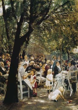 Max Liebermann, Münchner Biergarten (Malerei, Impressionismus, Lichteffekte, Licht / Schatten, Bäume, Menschen, Freizeit, Biergarten, Wunschgröße, Malerei, Klassische Moderne, Wohnzimmer, bunt)