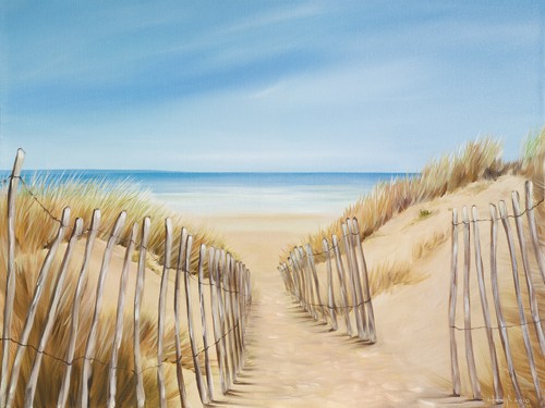 Lynne Timmington, Ocean Pathway I (Malerei, Landschaften, Natur, Düne, Dünengras, Strand, Sand, Meer, Zaun, Idylle, Urlaub, Badezimmer, Schlafzimmer, Wohnzimmer, Wunschgröße, bunt)