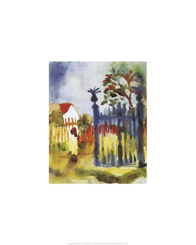 August Macke, Gartentor, 1914 (Malerei, Expressionismus, Garten, Pflanzen, Tor, Zaun, Aquarell, Wohnzimmer, Treppenhaus, Wintergarten, Klassische Moderne, bunt)