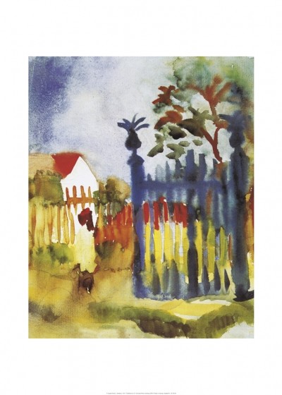 August Macke, Gartentor, 1915 (Malerei, Expressionismus, Garten, Pflanzen, Tor, Zaun, Aquarell, Wohnzimmer, Treppenhaus, Wintergarten, Klassische Moderne, bunt)