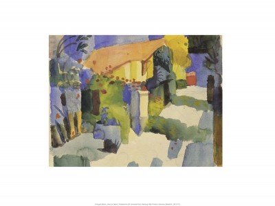 August Macke, Haus im Garten, 1914 (Malerei, Expressionismus, Garten, Pflanzen, Blumen, Idylle, Wohnzimmer, Treppenhaus,Wintergarten, Klassische Moderne, bunt)