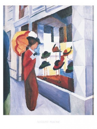 August Macke, Hutladen (Malerei, Expressionismus, Stadt, Schaufenster, Spaziergang, Hüte, einkaufen, shoppen, Frau, Auslagen,  Wohnzimmer, Treppenhaus, Arztpraxis, Klassische Moderne, bunt)