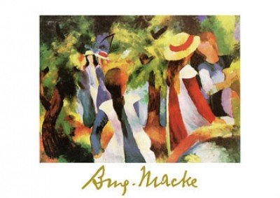 August Macke, Ragazze sotto gli alberi (Malerei, Expressionismus, Park, Mädchen, Bäume, Freizeit, Entspannung, Unteraltung, Gespräch, Wohnzimmer, Treppenhaus, Arztpraxis, Klassische Moderne, bunt)