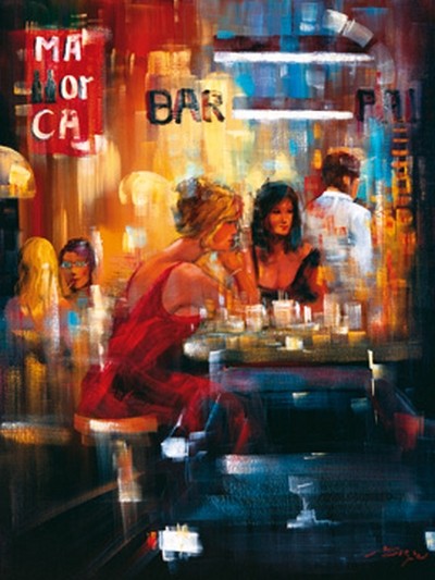 Madjid, Bar Scene IV (Malerei, Modern, Barszene, Gesellschaft, Mann, Frauen, Freundinnen, Gespräch, Getränke, Drinks, Eleganz, Figurativ,  People&Eros, Wohnzimmer, Esszimmer, Gastronomie, Bar, Bistro, Wunschgröße,  bunt)