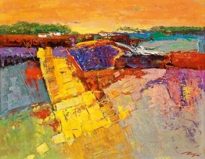 Madjid, Lavendelfeld (Wunschgröße, Modern, Malerei, Landschaft,  Hügel, Häuser, Felder, Natur, Lavendelfelder, Felder, Leuchten,  Büro, Wohnzimmer, Arztpraxis, bunt)