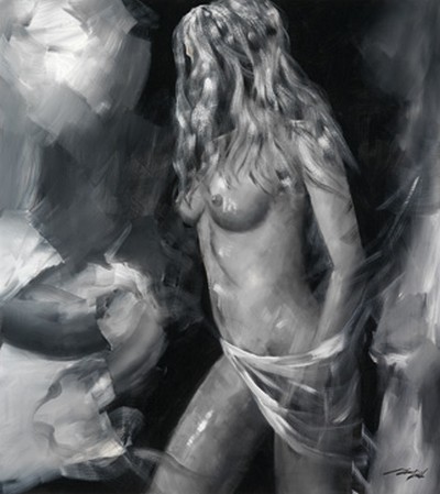 Madjid, Loveliness II (Wunschgröße, Malerei, Erotik, Aktbild,  Mädchen, Brust, Busen, nackter Körper, Figurativ,  People&Eros, Schlafzimmer, schwarz / weiß)