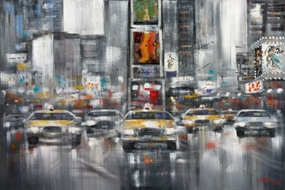 Madjid, Taxi I (Wunschgröße, gelbes Taxi, Straße,  Großstadt, Städte, Hochhäuser, Verkehr, Regen, Nässe, Spiegelungen, Reflexionen, Nachtszene,Business, Büro, Wohnzimmer, Arztpraxis, bunt)