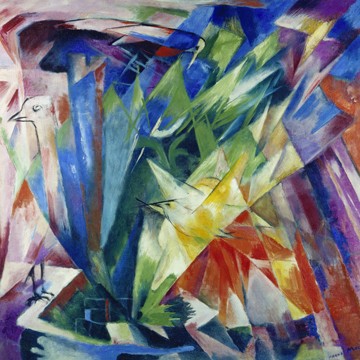 Franz Marc, Vögel (Malerei, Expressionismus, abstrakte Malerei, abstrakte Formen, Vögel, Kristallin, Prisma, Muster, klassische Moderne, Wohnzimmer, Arztpraxis, Treppenhaus, bunt)
