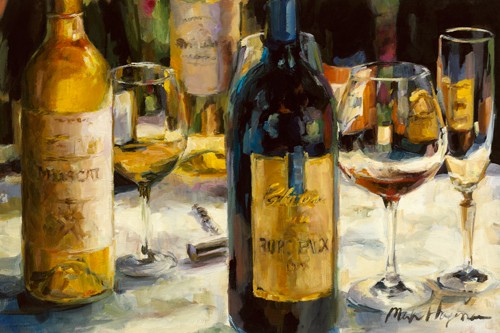 Marilyn Hageman, Bordeaux and Muscat (Wunschgröße, Modern, Nostalgie, Stillleben, Malerei, Wein, Weingläser, Reflexionen,  Küche, Gastronomie, Bar, Restaurant, Esszimmer, Flaschen, bunt)