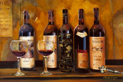 Marilyn Hageman, Cellar Reds (Wunschgröße, Modern, Nostalgie, Stillleben, Malerei, Wein, Weingläser, Reflexionen, Küche, Korkenzieher, Gastronomie, Bar, Restaurant, Esszimmer, Flaschen, bunt)