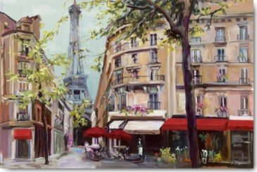 Marilyn Hageman, Springtime in Paris (Wunschgröße, Malerei, Modern, Nostalgie, Architektur, Paris, Metropole, Eiffelturm, Wahrzeichen, Straßencafe, Frühling, Wohnzimmer, bunt)
